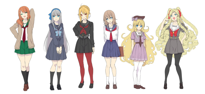 6+girls :d absurdres ahoge alternate_costume angelica_rafa_redgrave aqua_eyes arm_behind_back arm_behind_head beret black_footwear black_headwear black_necktie black_serafuku black_skirt black_socks blonde_hair blue_bow blue_bowtie blue_eyes blue_hairband blue_sailor_collar blue_serafuku blue_skirt bow bowtie brown_footwear brown_hair cardigan clarice_fia_atlee collarbone covering covering_crotch deirdre_fia_roseblade double_horizontal_stripe full_body green_eyes green_sailor_collar green_skirt grey_cardigan grey_hair grey_skirt hair_ornament hairband hairclip hand_on_hip hat hat_bow highres lineup loafers long_hair marie_fou_lovan multiple_girls mylene_rafa_holfort neckerchief necktie ojou-sama_pose olivia_(mobseka) open_cardigan open_clothes otome_gee_sekai_wa_mob_ni_kibishii_sekai_desu pantyhose pleated_skirt purple_bow purple_serafuku purple_skirt red_bow red_bowtie red_eyes red_neckerchief red_pantyhose sailor_collar school_uniform serafuku shiosato_jun shirt shoes short_sleeves simple_background skirt smile socks standing thighhighs very_long_hair white_background white_sailor_collar white_shirt white_socks white_thighhighs zettai_ryouiki