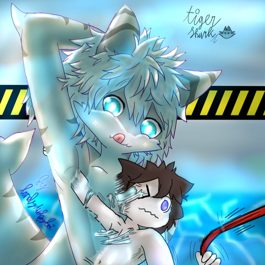 anthro blue_eyes blush bodily_fluids brown_hair changed_(video_game) digital_media_(artwork) duo english_text fin fish grey_body hair hand_behind_head hi_res lin_(changed) lonelywolfyboi male male/male marine markings navel nude pupils requiem_shark rope rope_pull shaded shark shark_tail sticky struggling stuck stuck_together text the_shark_(changed) tiger_shark tongue tongue_out white_pupils