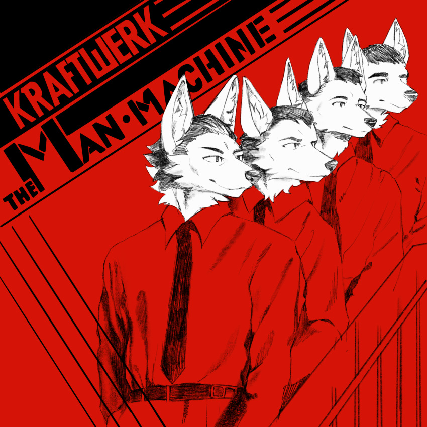 2022 album_cover anthro canid canine clothed clothing collared_shirt cover fluffy fur group hair hi_res kemono kraftwerk male mammal necktie parody ransaryong restricted_palette