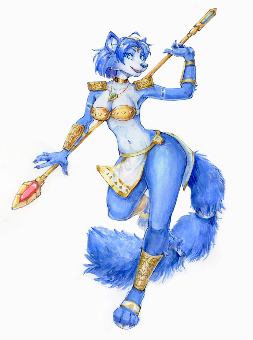 accessory akatan_art anthro blue_body blue_eyes blue_fur blue_hair bottomwear canid canine canis cheek_tuft clothed clothing eyelashes facial_tuft fangs female front_view fur furgonomics glistening glistening_eyes gold_accessory hair hi_res holding_object holding_spear holding_weapon jewelry krystal legwear light_body light_fur loincloth looking_at_viewer mammal melee_weapon necklace nintendo open_mouth open_smile polearm shoulder_pads simple_background skimpy smile solo spear standing star_fox tail_accessory tailband tuft unsigned video_games weapon white_background wolf