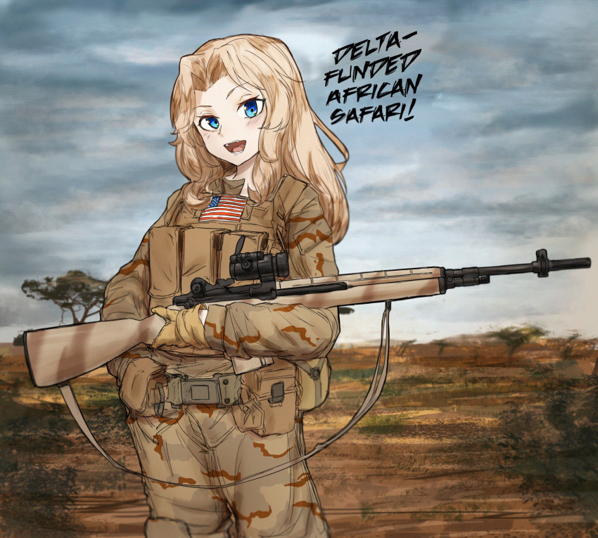 1girl africa alternate_costume battle_rifle belt blonde_hair blue_eyes camouflage camouflage_pants camouflage_shirt cloud collaboration commission english_commentary english_text girls_und_panzer gloves grey_sky gun highres kay_(girls_und_panzer) loliphilosophy long_hair long_sleeves m14 outdoors pants rifle shirt smile solo teeth tongue upper_teeth van_duck_iii weapon