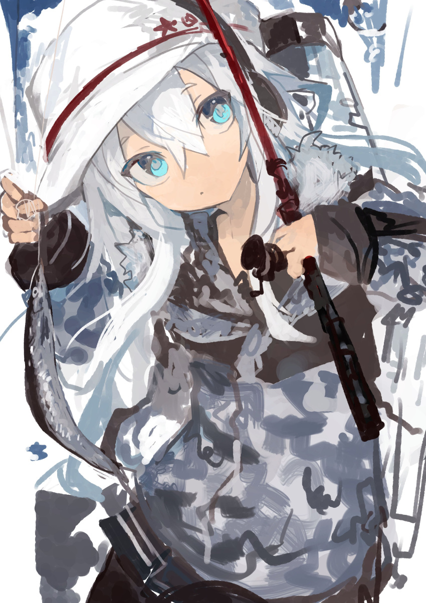 1girl absurdres black_pantyhose black_skirt blue_eyes camouflage camouflage_jacket closed_mouth fishing_rod hair_between_eyes hammer_and_sickle hat hibiki_(kancolle) highres holding holding_fishing_rod jacket kaamin_(mariarose753) kantai_collection long_hair long_sleeves pantyhose pleated_skirt skirt solo verniy_(kancolle) white_hair white_headwear