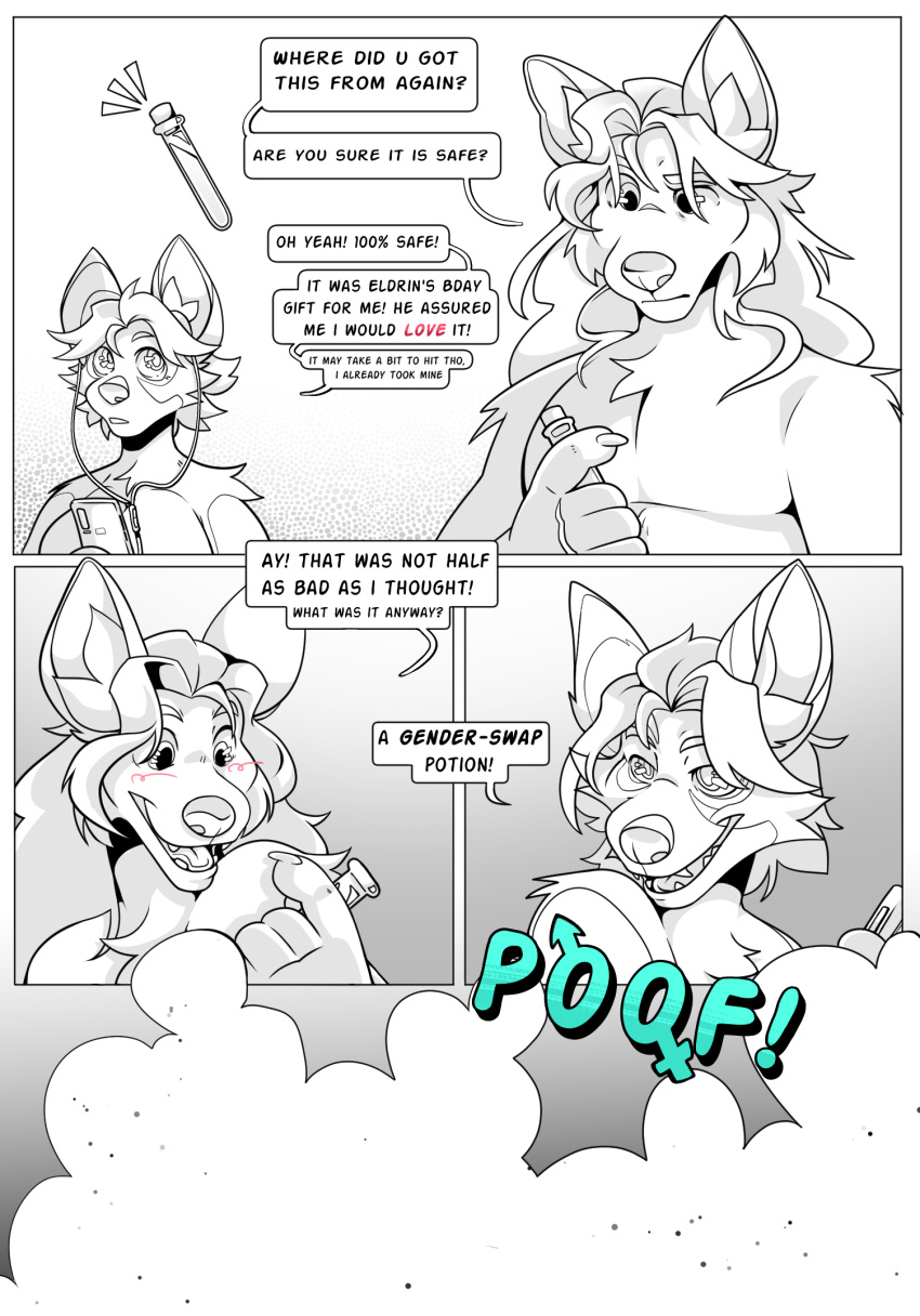 anthro brownh0und canid canine canis comic coyote dialogue dialogue_box duo female gender_transformation hi_res male male/female mammal monochrome potion transformation wolf