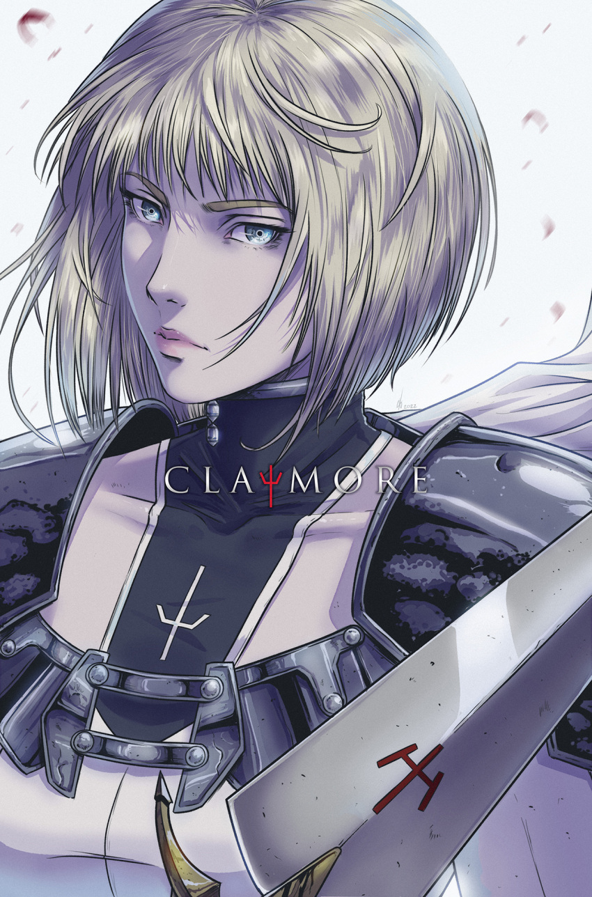 1girl armor blonde_hair blue_eyes bodysuit cape clare_(claymore) claymore claymore_(sword) collarbone copyright_name highres jhony_caballero lips pauldrons petals short_hair shoulder_armor solo upper_body white_background white_cape wind wind_lift