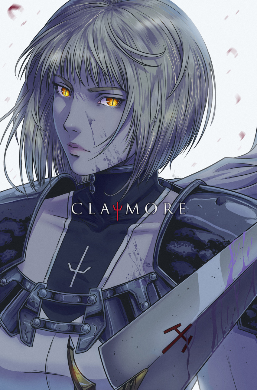 1girl armor blonde_hair bodysuit cape clare_(claymore) claymore claymore_(sword) collarbone copyright_name dirty dirty_face highres jhony_caballero lips pauldrons petals short_hair shoulder_armor slit_pupils solo upper_body white_background white_cape wind wind_lift yellow_eyes