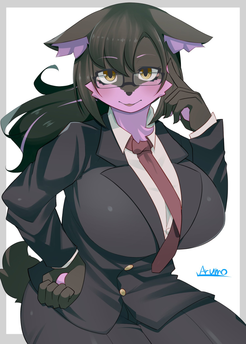 amber_eyes anthro arumo big_breasts black_body black_fur black_nose breasts business_suit canid canine canis clothing exy eyewear female fur glasses hair hi_res inner_ear_fluff kemono long_hair mammal multicolored_hair neck_tuft necktie purple_body purple_fur solo suit tuft two_tone_hair virtual_youtuber wolf