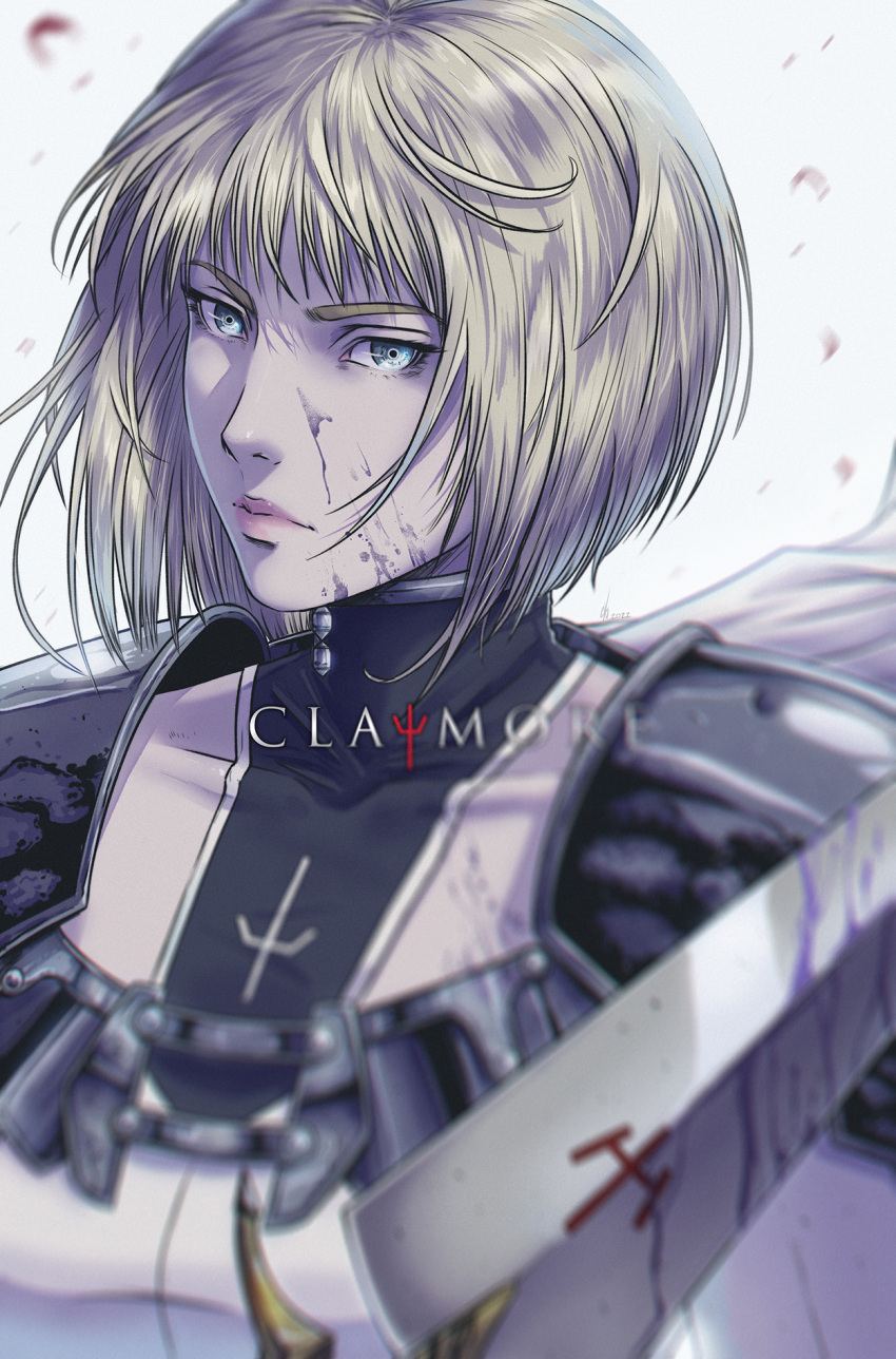 1girl armor blonde_hair blue_eyes bodysuit cape clare_(claymore) claymore claymore_(sword) collarbone copyright_name dirty dirty_face highres jhony_caballero lips pauldrons petals short_hair shoulder_armor solo upper_body white_background white_cape wind wind_lift