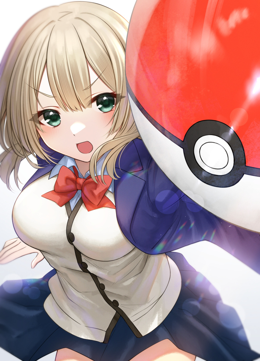 1girl :d absurdres akky_(akimi1127) bangs black_skirt blue_jacket blush bow breasts collared_shirt commentary_request dress_shirt gradient gradient_background green_eyes grey_background highres holding holding_poke_ball jacket light_brown_hair long_hair looking_at_viewer medium_breasts official_art open_clothes open_jacket original poke_ball poke_ball_(basic) pokemon red_bow school_uniform shirt skirt smile solo v-shaped_eyebrows white_background white_shirt