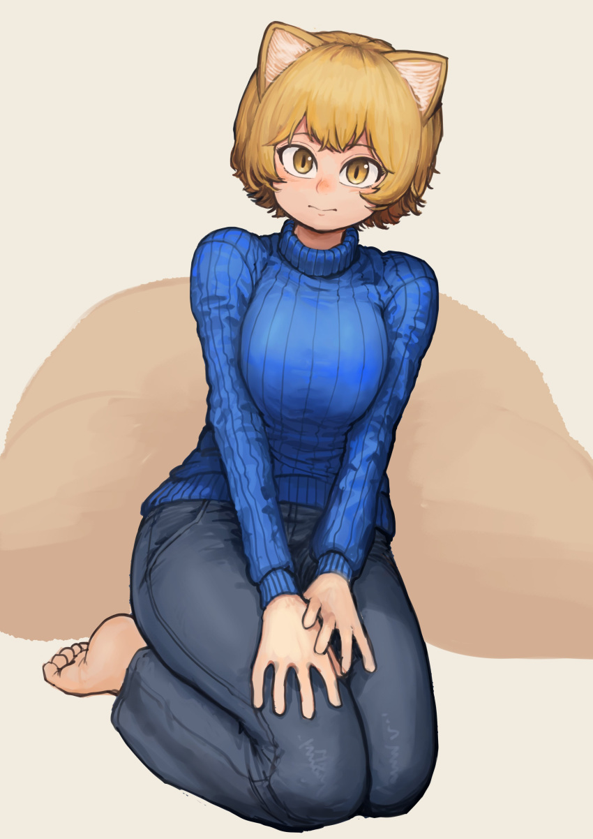 1girl absurdres alternate_costume animal_ears bangs barefoot breasts chanta_(ayatakaoisii) denim fox_ears highres large_breasts looking_at_viewer no_headwear no_tail pants ribbed_sweater seiza short_hair simple_background sitting solo sweater toes touhou white_background yakumo_ran