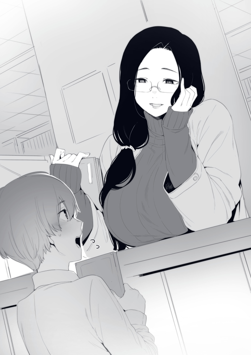 1boy 1girl age_difference black_hair breasts glasses hetero highres holding indoors large_breasts long_hair long_sleeves looking_at_another monochrome nakamura_regura onee-shota open_mouth original sweater teeth