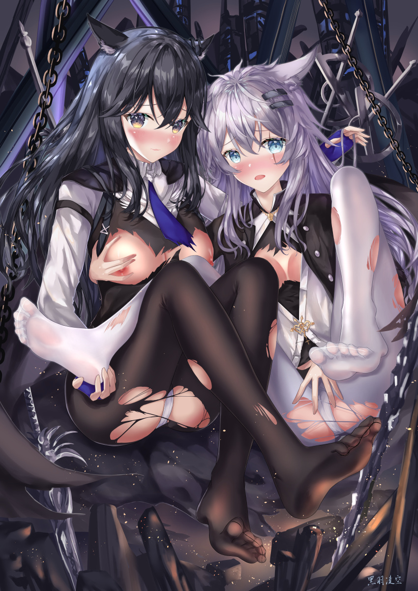 2girls absurdres animal_ears arknights artist_name bangs black_hair black_pantyhose black_suit blue_eyes blue_necktie blush breasts breasts_out closed_mouth embarrassed feet formal hair_between_eyes hands_on_feet heiyulingkong highres holding_another's_foot lappland_(arknights) legs long_hair looking_at_viewer multiple_girls necktie nervous_smile nipples no_bra no_shoes nose_blush open_mouth panties pantyhose purple_hair shirt smile soles suit texas_(arknights) toes torn_pantyhose underwear white_panties white_pantyhose white_shirt yellow_eyes