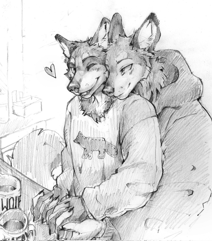 &lt;3 akatan_art anthro canid canine canis cheek_tuft closed_smile clothed clothing duo embrace facial_tuft fox greyscale hand_holding head_tuft hi_res hoodie hug hugging_from_behind inside male mammal monochrome mouth_closed net one_eye_closed open_mouth open_smile romantic romantic_couple smile standing topwear tuft unsigned wolf