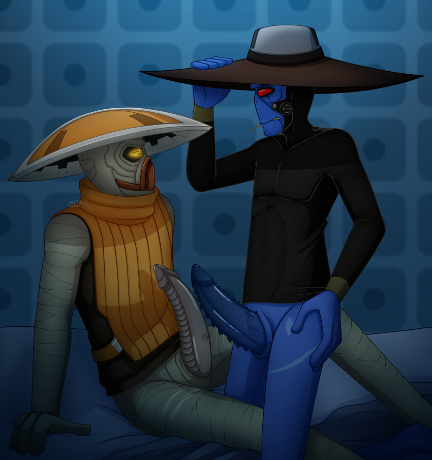 absurd_res alien alien_anatomy bounty_hunter cad_bane comparing dick_ridges duo duros_(species) embo erection hi_res humanoid invalid_tag kyuzo_(species) male male/male mlm pantsless partial_nudity retractable_penis scalie star_wars star_wars:_the_clone_wars swtcw