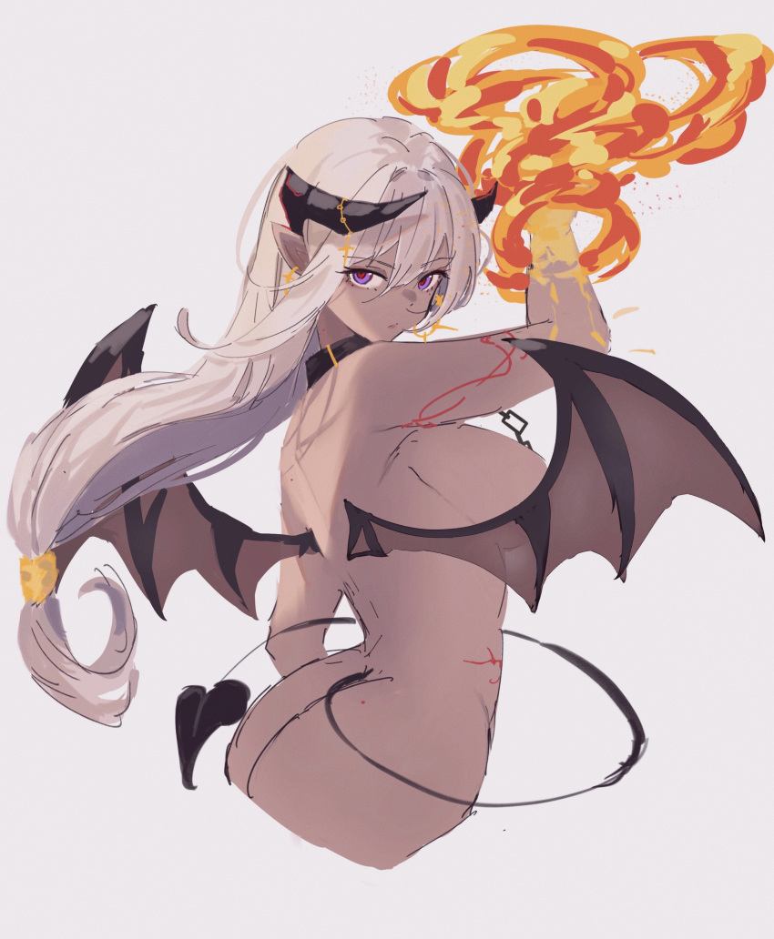 1girl absurdres arm_up ass breasts closed_mouth collar convenient_censoring dafenpipixia demon_girl demon_horns demon_tail demon_wings fire from_side grey_background grey_hair highres horns large_breasts long_hair looking_at_viewer looking_to_the_side low-tied_long_hair original purple_eyes pyrokinesis simple_background solo tail upper_body very_long_hair wings