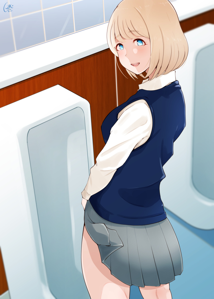 1boy blonde_hair blue_eyes blue_vest clothes_lift crossdressing grey_skirt highres island_lagoon lifted_by_self long_sleeves looking_back male_focus miniskirt original otoko_no_ko pleated_skirt restroom shirt short_hair skirt skirt_lift standing urinal vest white_shirt