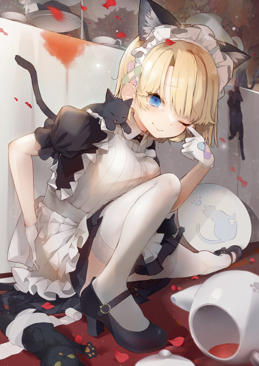 1girl animal_ears apron bandaid_hair_ornament bangs black_cat black_dress black_footwear blonde_hair blue_eyes blush breasts cat cat_ears cat_girl cat_tail closed_mouth commentary_request dress frilled_apron frills gauze gloves highres maid maid_headdress mary_janes medium_breasts mole mole_under_eye on_floor original petals plate pleated_skirt puffy_short_sleeves puffy_sleeves rose_petals saya_(sayaya) shoes short_hair short_sleeves skirt slit_pupils smile solo spill swept_bangs tail tea teapot tearing_up thighhighs white_apron white_gloves white_thighhighs