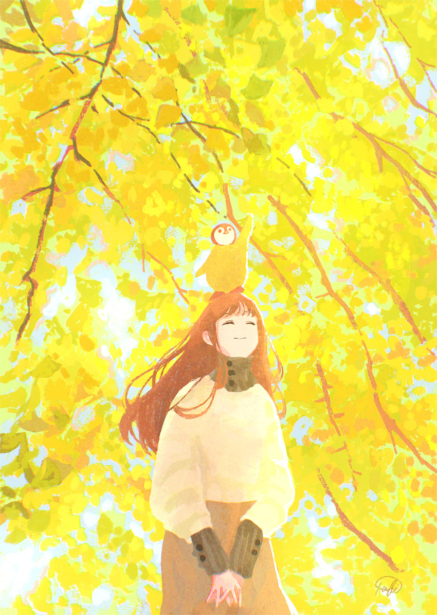 1girl animal_on_head autumn autumn_leaves bird brown_hair brown_skirt closed_eyes day facing_viewer ginkgo highres long_sleeves on_head original outdoors penguin scenery skirt smile standing sweater tabi_(tabisumika) yellow_theme