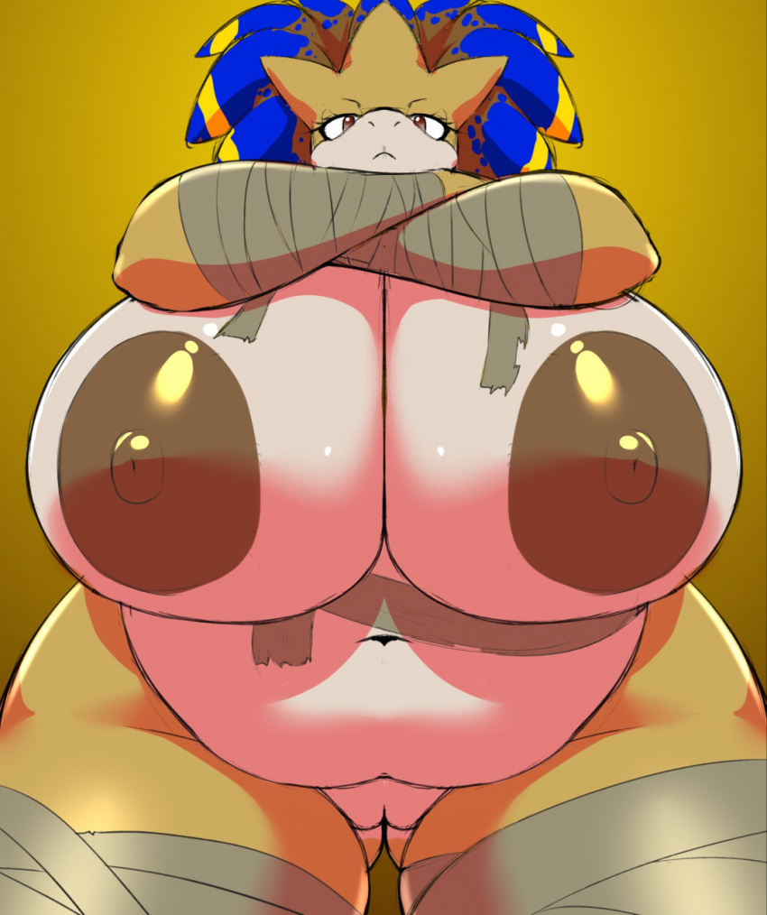 ankha_zone anthro belly big_belly big_breasts big_nipples breasts brown_nipples crossed_arms female generation_1_pokemon genitals hi_res huge_breasts looking_at_viewer looking_down_at_viewer mummy_wrappings navel nintendo nipples pokemon pokemon_(species) pussy sandpancake sandslash solo speeds thick_thighs video_games