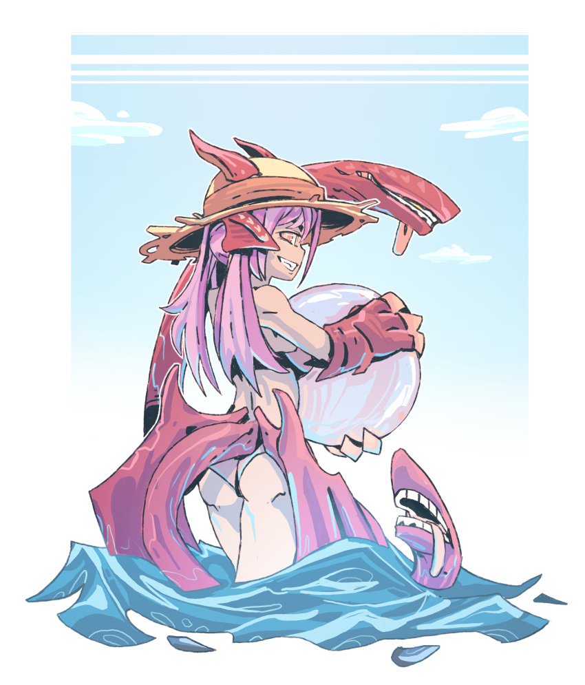 1girl absurdres animal_ears animal_hands ass bare_shoulders bikini blue_sky claws cloud commission from_behind hat head_fins heart highres holding horns horns_through_headwear jabberwock_(monster_girl_encyclopedia) long_hair looking_at_viewer looking_back low_wings monster_girl monster_girl_encyclopedia ocean orange_eyes outdoors oversized_forearms oversized_limbs pink_bikini purple_hair ramenwarwok sideways_glance sideways_mouth sky smile solo standing straw_hat swimsuit tail tentacles wading water waves wings