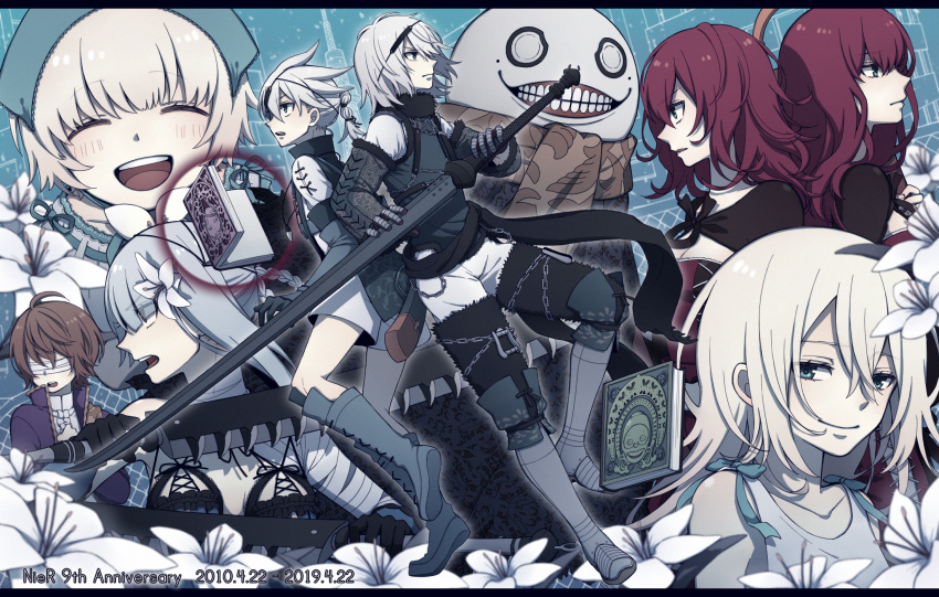 4girls bandaged_arm bandages breasts closed_mouth dated devola emil_(nier) flower gloves grimoire_weiss hair_flower hair_ornament highres kaine_(nier) long_hair multiple_boys multiple_girls nier nier_(series) nier_(young) open_mouth popola short_hair smile sword tamakingx422x tokyo_(city) weapon white_hair yonah