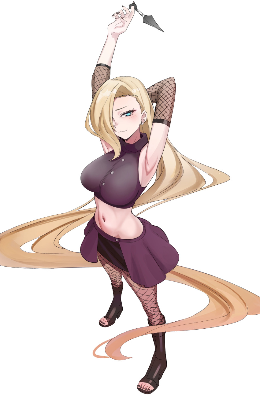 1girl absurdres arm_behind_head armpits black_footwear black_nails blonde_hair breasts closed_mouth commentary_request detached_sleeves ear_piercing feet fishnet_sleeves fishnets forehead full_body green_eyes hair_over_one_eye hand_up highres kiritzugu kunai large_breasts legs_apart long_hair looking_at_viewer midriff multicolored_hair naruto_(series) naruto_shippuuden navel ninja piercing purple_skirt red_skirt simple_background skirt smile solid_circle_pupils solo standing streaked_hair toes very_long_hair weapon white_background yamanaka_ino