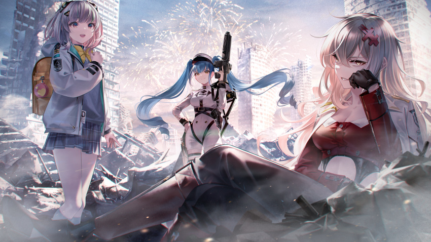 3girls admi_(nikke) backpack bag black_gloves blue_hair bow bowtie breasts building cleavage closed_mouth clothing_cutout collarbone crossed_legs fireworks floating_hair formal frilled_skirt frills gloves goddess_of_victory:_nikke grey_hair gun hair_between_eyes hair_ornament hand_on_hip hand_on_own_face hand_on_own_shoulder hat highleg highleg_leotard highres holding holding_gun holding_weapon hood hoodie leotard liberty_(nikke) long_hair military military_uniform multiple_girls navel_cutout open_clothes open_hoodie open_mouth outdoors pleated_skirt ruins school_uniform short_hair skin_tight skirt sky sousou_(sousouworks) suit sweater twintails uniform weapon yellow_bow yellow_bowtie yellow_eyes yulha_(nikke)