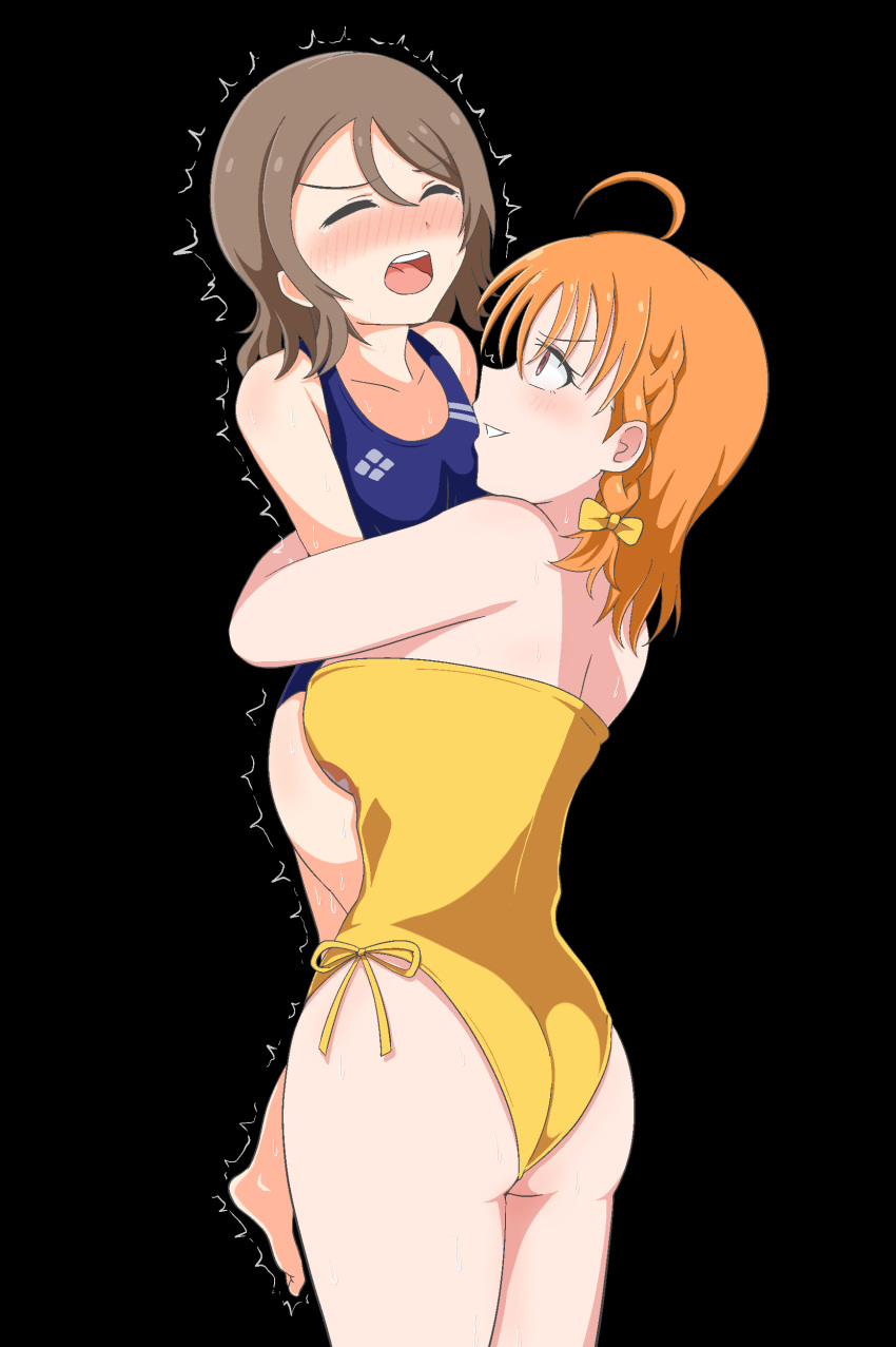 2girls absurdres ahoge ass bare_shoulders bearhug black_background blue_one-piece_swimsuit blush bow braid brown_hair catfight closed_eyes collarbone commentary_request competition_swimsuit grin hair_bow highres looking_at_another love_live! love_live!_sunshine!! milliani multiple_girls one-piece_swimsuit open_mouth orange_hair simple_background smile sweat swimsuit takami_chika trembling watanabe_you wrestling yellow_one-piece_swimsuit