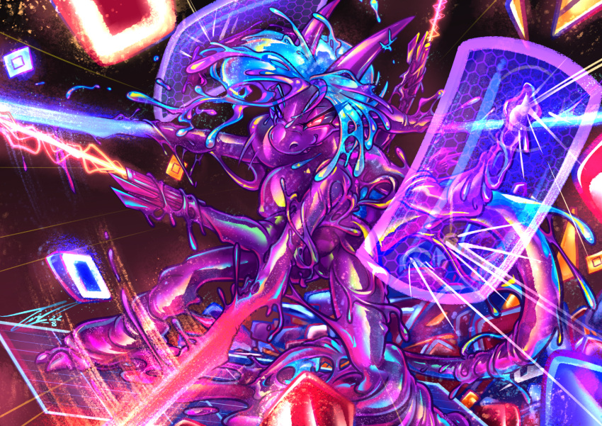 audica audioshield beat_saber carnival_(artist) cybernetics goo_(disambiguation) goo_creature goo_dragon goo_dripping gynomorph hi_res intersex machine melting purple_body purple_dragon queen_vinyl_da.i'gyu-kazotetsu rhythm_game virtual_reality