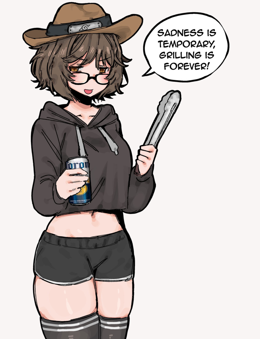 1girl aki_(snale) bangs beer_can black_hoodie black_shorts black_thighhighs blush brown_eyes brown_hair brown_headwear can corona_(brand) cowboy_hat cowboy_shot cropped_hoodie english_text glasses hat highres holding holding_can holding_tongs hood hoodie konohagakure_symbol long_sleeves looking_back midriff naruto_(series) navel open_mouth original short_shorts shorts skindentation snale solo standing thighhighs truth