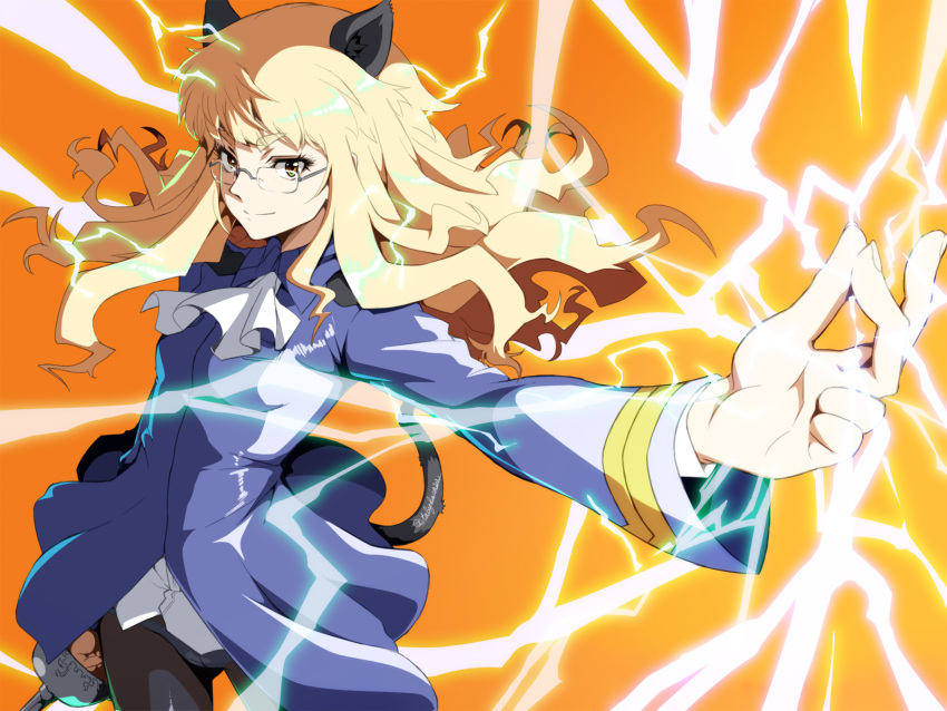 1girl animal_ears black_pantyhose blonde_hair breasts cat_ears cat_tail closed_mouth glasses highres holding holding_sword holding_weapon lightning long_hair looking_at_viewer military military_uniform neckerchief orange_background panties panties_under_pantyhose pantyhose perrine_h._clostermann shiny shiny_hair simple_background small_breasts smile solo strike_witches sword tabigarasu tail underwear uniform weapon white_neckerchief white_panties world_witches_series yellow_eyes