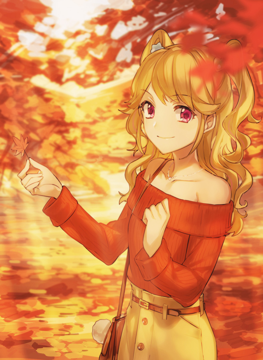 1girl aikatsu! aikatsu!_(series) autumn autumn_leaves bag bare_shoulders blonde_hair blurry blurry_foreground collarbone handbag highres holding holding_leaf jewelry leaf long_hair long_sleeves maple_leaf natsuki_mikuru necklace off-shoulder_sweater off_shoulder orange_sweater red_eyes ribbed_sweater skirt solo standing star_(symbol) star_necklace sunlight sweater twintails wattaro yellow_skirt