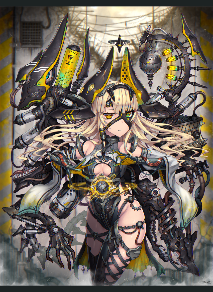 1girl blonde_hair breasts cable canister censer cleavage_cutout clothing_cutout commentary_request cyberpunk cyborg detached_sleeves extra_arms gia green_eyes heterochromia highleg highleg_leotard highres incense_burner leotard long_hair looking_at_viewer mecha_musume medium_breasts original ruins solo teeth tube wide_sleeves yellow_eyes