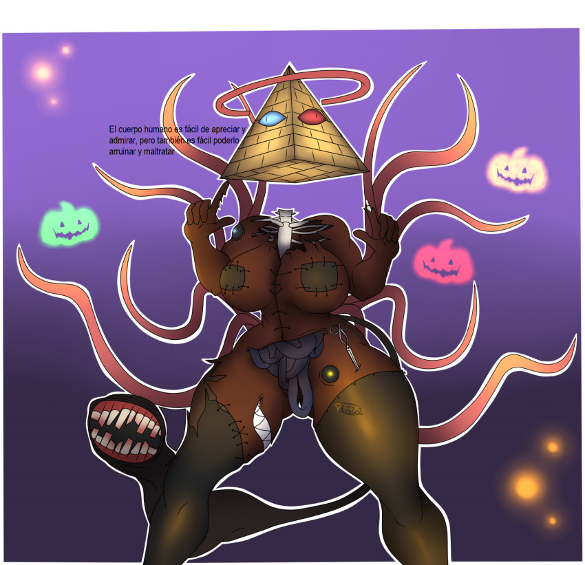 big_breasts big_butt bone breasts butt dialogue female female/female food fruit guts hi_res human humanoid mammal organs personality(photolol.03) photolol.03 plant pumpkin pyramid scissors simple_background smile solo spanish_text text thick_thighs wide_hips wounded