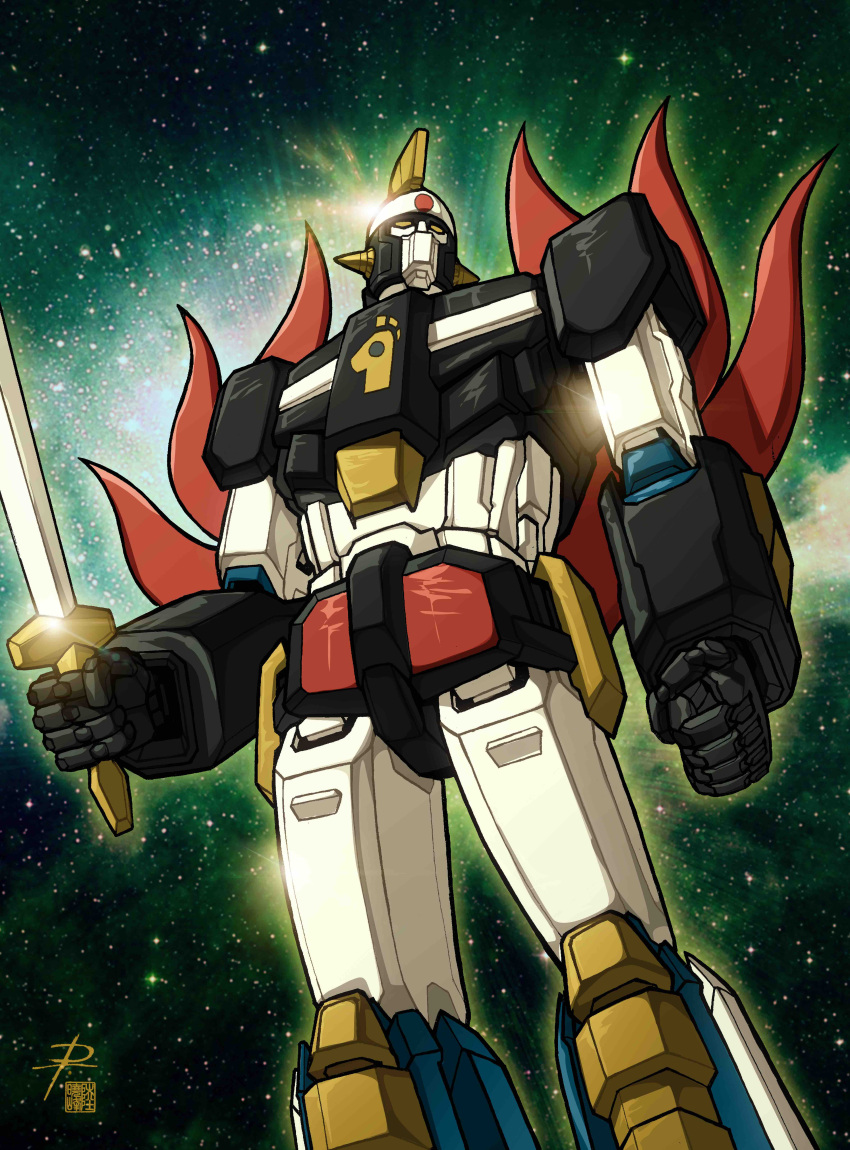 absurdres clenched_hand daniele_rudoni full_body highres holding holding_sword holding_weapon kingstar mecha no_humans pierucciniriccardo robot space sword time_bokan_(series) weapon yattodetaman