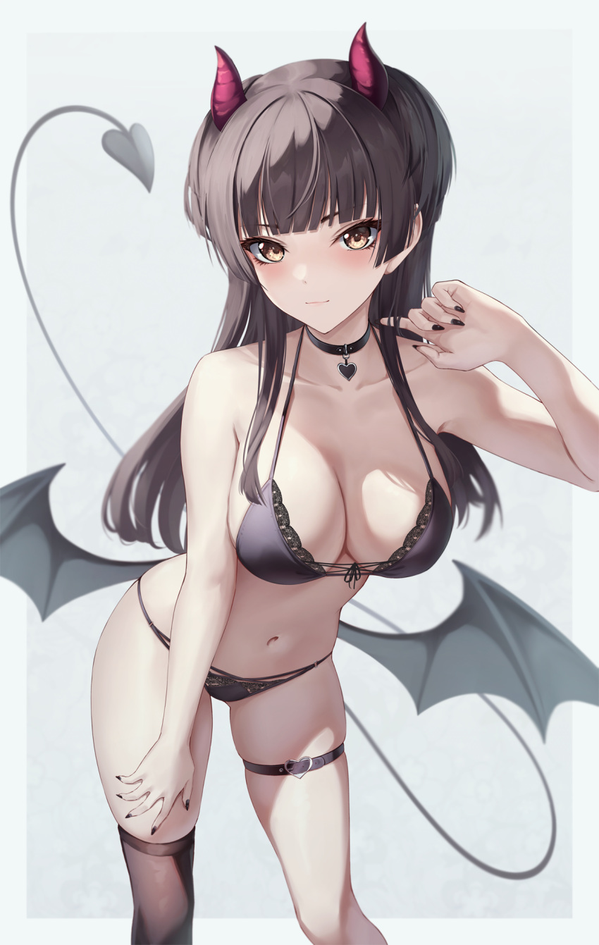 1girl alternate_costume bare_arms bare_shoulders black_bra black_choker black_nails black_panties bra breasts brown_eyes brown_hair brown_thighhighs choker cleavage collarbone demon_girl demon_horns demon_tail demon_wings front-tie_bra front-tie_top halterneck hand_on_own_thigh hand_up highres horns idolmaster idolmaster_shiny_colors large_breasts leaning_forward long_hair looking_at_viewer low_wings marinesnow mayuzumi_fuyuko nail_polish navel non-web_source panties single_thighhigh skindentation smile solo standing stomach string_bra string_panties tail thigh_strap thighhighs thighs underwear underwear_only white_background wings
