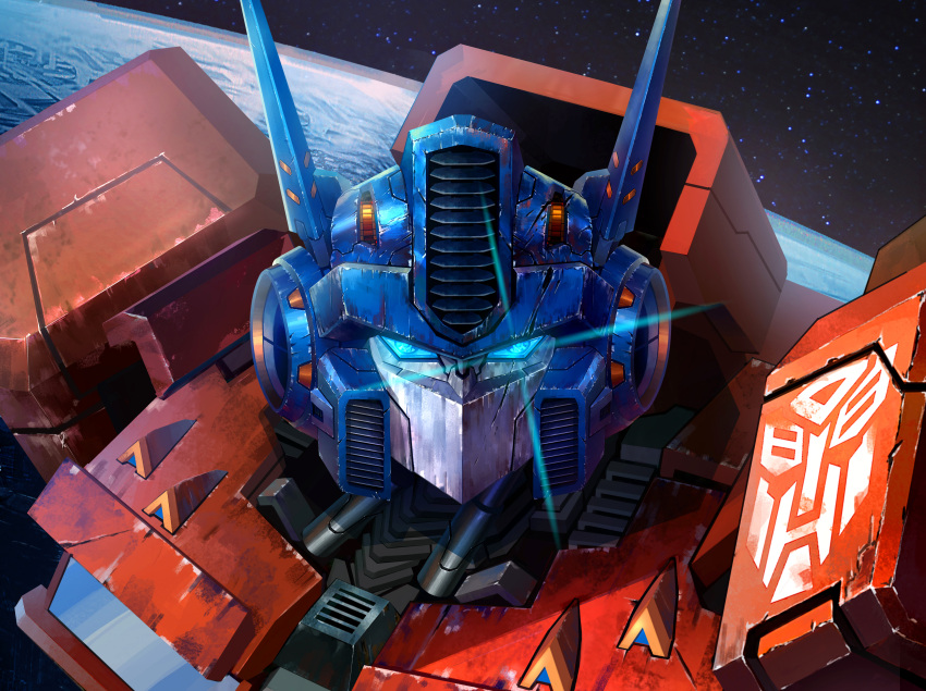 absurdres autobot blue_eyes glowing glowing_eyes highres insignia looking_at_viewer mecha no_humans optimus_prime planet robot science_fiction sky space star_(sky) starry_sky tiewan transformers upper_body