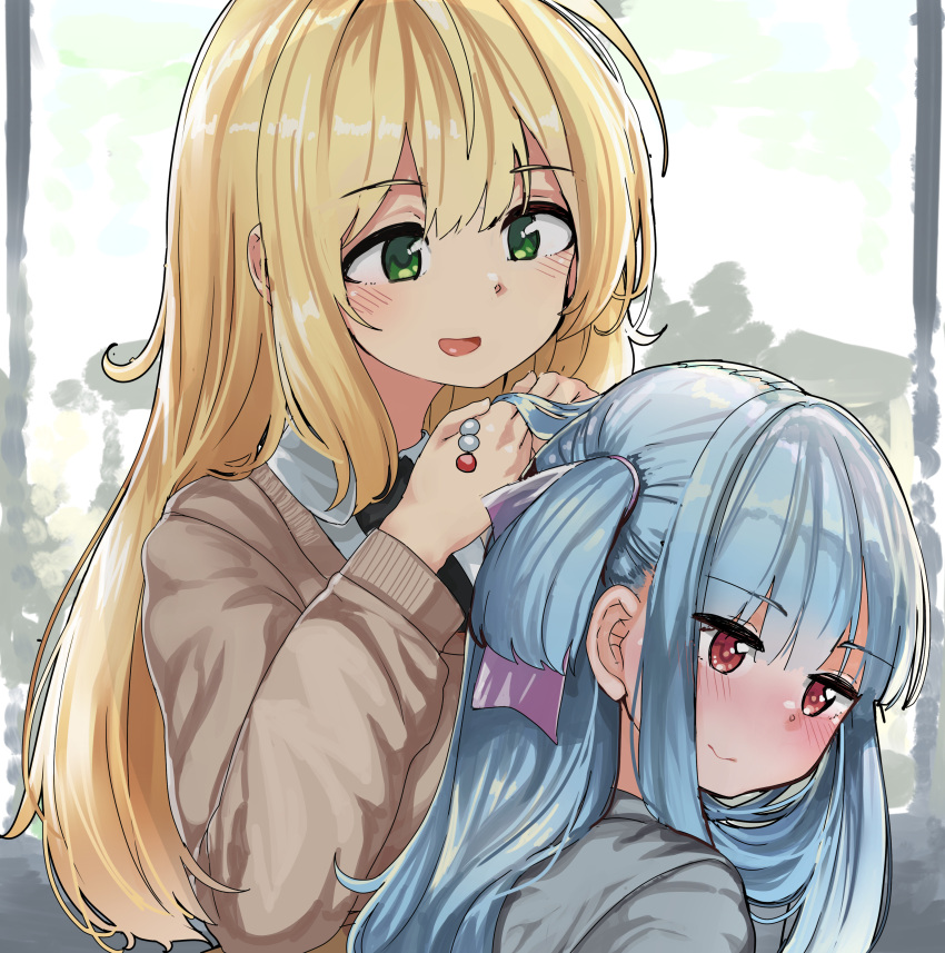 2girls :d absurdres antenna_hair bangs beads black_necktie blonde_hair blue_hair blush cardigan closed_mouth collared_shirt green_eyes hair_between_eyes hair_ribbon hands_up highres holding_another's_hair kotonoha_aoi light_blue_hair long_hair long_sleeves microa multiple_girls necktie one_side_up open_mouth red_eyes ribbon shirt smile tsurumaki_maki voiceroid white_shirt