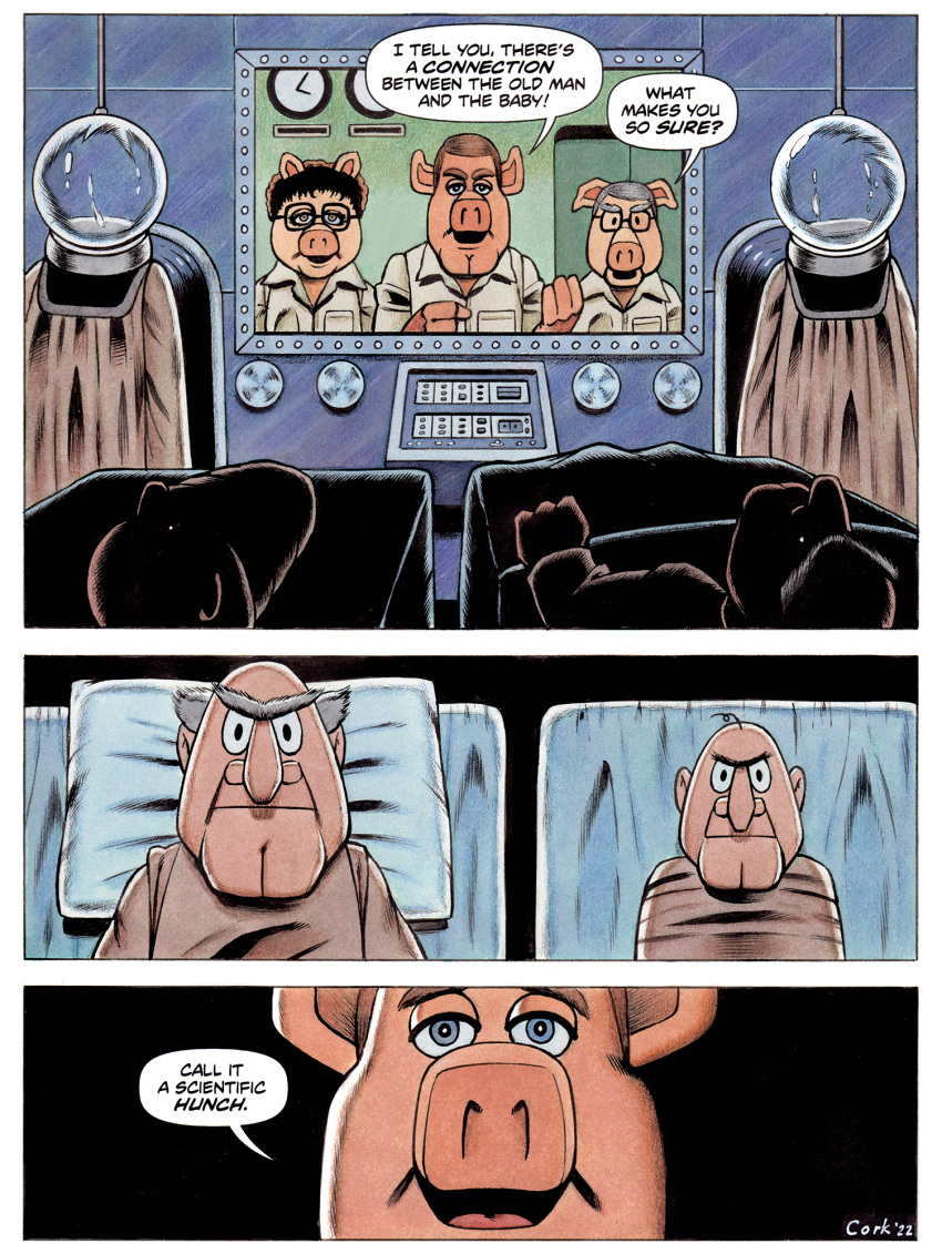 2022 4_fingers anthro baby bald bed big_nose black_hair blue_eyes border brown_eyes brown_hair bruce_mccorkindale clock close-up comic control_panel crossover dialogue domestic_pig double_chin dr._julius_strangepork eyebrows female fingers furniture grey_hair group hair hi_res human humor link_hogthrob looking_at_viewer male mammal miss_piggy muppet muppets parody pillow pink_body pink_skin signature snout spacesuit speech_bubble statler suid suina sus_(pig) the_andromeda_strain the_muppet_show unibrow white_border window young