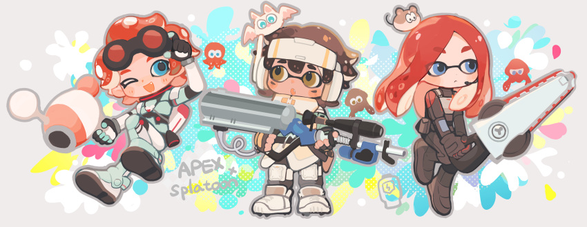 3girls absurdres alternate_race animal_on_head apex_legends ashleigh_reid bangs bat_(animal) black_bodysuit black_gloves black_pants blue_eyes blue_jacket blush bodysuit boots brown_eyes copyright_name dark-skinned_female dark_skin e-liter_4k_(splatoon) echo_(apex_legends) fang fusion gloves goggles goggles_on_head gun highres holding holding_gun holding_sword holding_weapon horizon_(apex_legends) inkling inkling_girl jacket long_hair luna_blaster_(splatoon) mouse multiple_girls on_head one_eye_closed open_mouth orange_hair pants short_hair smile spacesuit splatana_stamper_(splatoon) splatoon_(series) sword tentacle_hair vantage_(apex_legends) weapon white_footwear yuuu_(maruunaka)