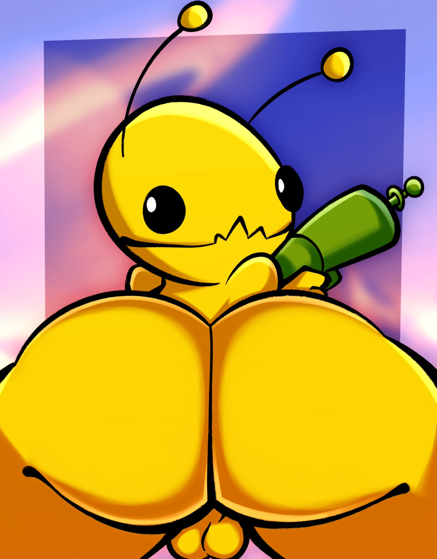 alien alien_hominid_(character) antennae_(anatomy) anthro balls black_eyes butt genitals gun hi_res looking_back male newgrounds presenting presenting_hindquarters ranged_weapon salamikii video_games weapon yellow_body