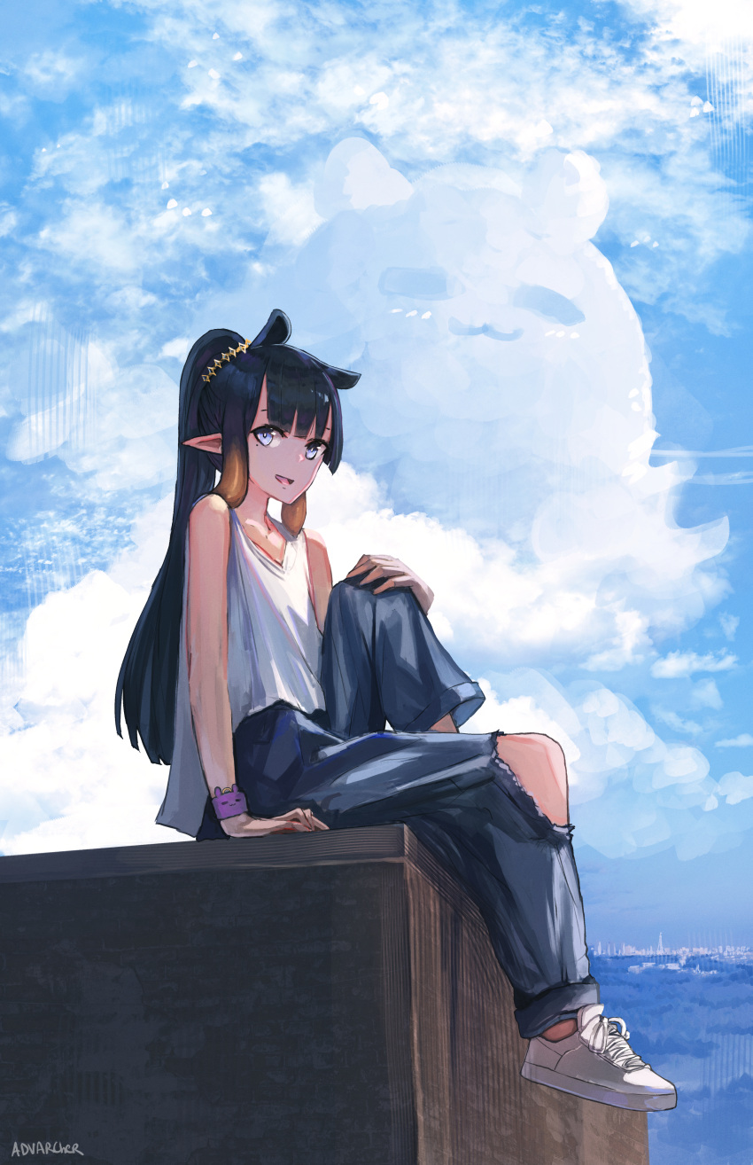 1girl absurdres anonamos artist_name bangs black_hair blue_pants blue_sky blunt_bangs cloud commentary_request day denim full_body gradient_hair hand_on_own_knee highres hololive hololive_english jeans knee_up long_hair looking_at_viewer multicolored_hair ninomae_ina'nis orange_hair outdoors pants pointy_ears ponytail scenery shoes sidelocks sitting sky sleeveless sneakers solo straight_hair takodachi_(ninomae_ina'nis) torn_clothes torn_pants very_long_hair virtual_youtuber watermark white_footwear