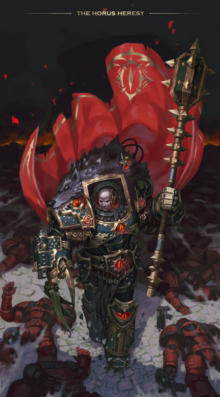 6+boys absurdres armor bald black_legion blood_angels bolter cape claw_(weapon) closed_mouth death evil_smile full_armor full_body gauntlets glowing glowing_eyes gun helmet highres holding holding_weapon horus_lupercal lying mace multiple_boys on_back on_stomach outdoors pauldrons primarch red_cape shoulder_armor smile solo_focus space_marine spiked_mace spikes standing warhammer_40k weapon zhanghan