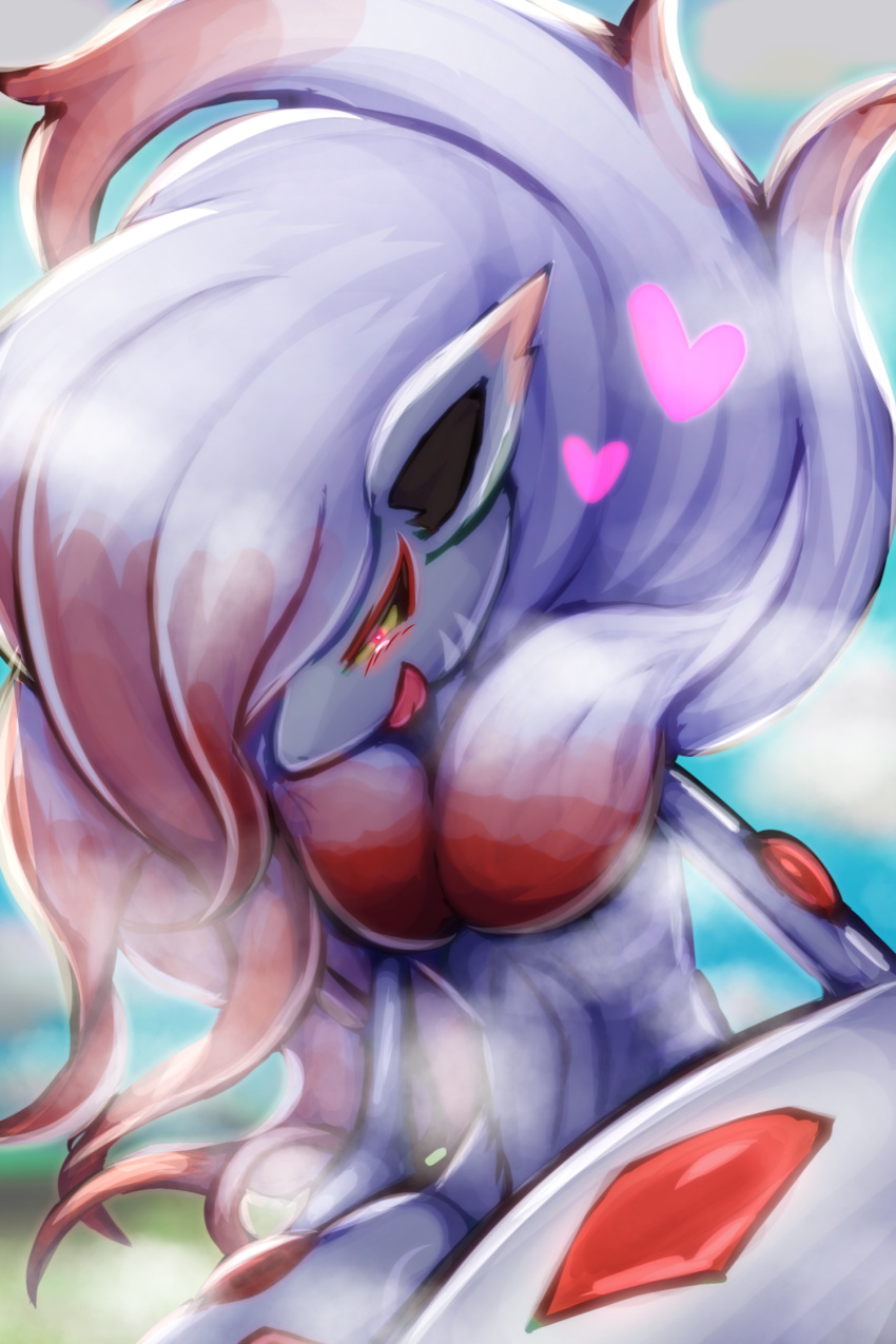 &lt;3 &lt;3_eyes anthro bedroom_eyes blurred_background blush blush_lines breath canid canine digital_drawing_(artwork) digital_media_(artwork) eyelashes female glowing glowing_eyes hi_res hisuian_form hisuian_zoroark hypnosis kanakakia looking_at_viewer lust mammal mind_control narrowed_eyes nintendo panting pokemon pokemon_(species) regional_form_(pokemon) seductive solo standing tongue tongue_out video_games