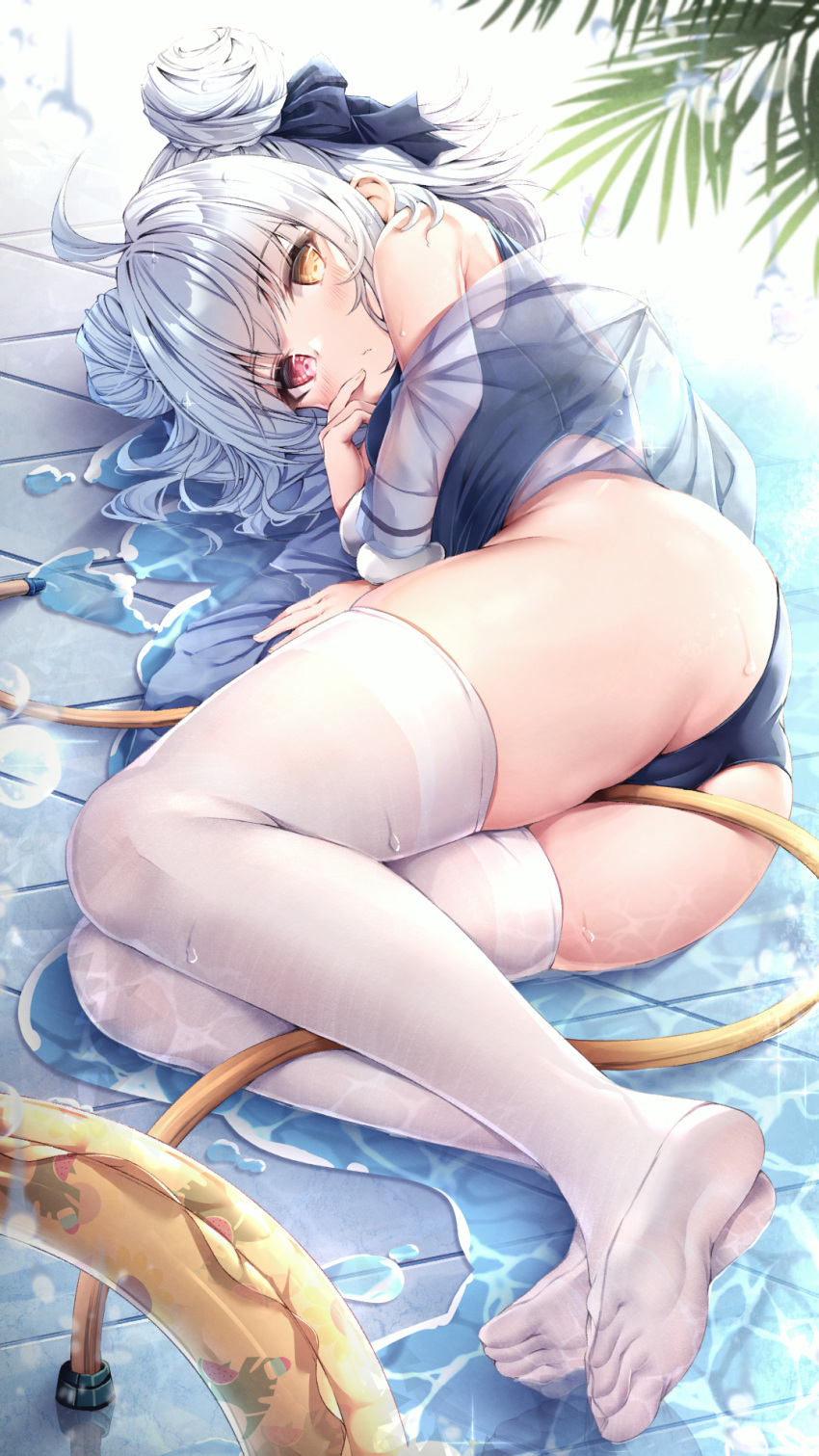 1girl ahoge ass azur_lane blue_one-piece_swimsuit blush cameltoe closed_mouth double_bun finger_to_mouth hair_bun hair_ribbon heterochromia highres hose innertube jacket looking_at_viewer lying manman_manyou_haiyang_de_paomo medium_hair nicholas_(azur_lane) nicholas_(summer_cleaning_"volunteer")_(azur_lane) no_shoes off_shoulder official_alternate_costume on_side one-piece_swimsuit red_eyes ribbon school_swimsuit scrunchie see-through soles solo swimsuit thighhighs thighs water white_hair white_jacket white_thighhighs yellow_eyes