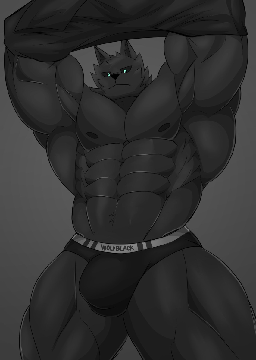 abs anatake anthro biceps big_muscles black_body black_clothing black_fur black_sclera black_shirt black_thong black_topwear black_underwear blue_eyes bulge canid canine canis clothing fur hi_res huge_muscles looking_at_viewer male mammal muscular muscular_anthro muscular_male pecs quads shirt solo standing thong topwear underwear undressing wolf