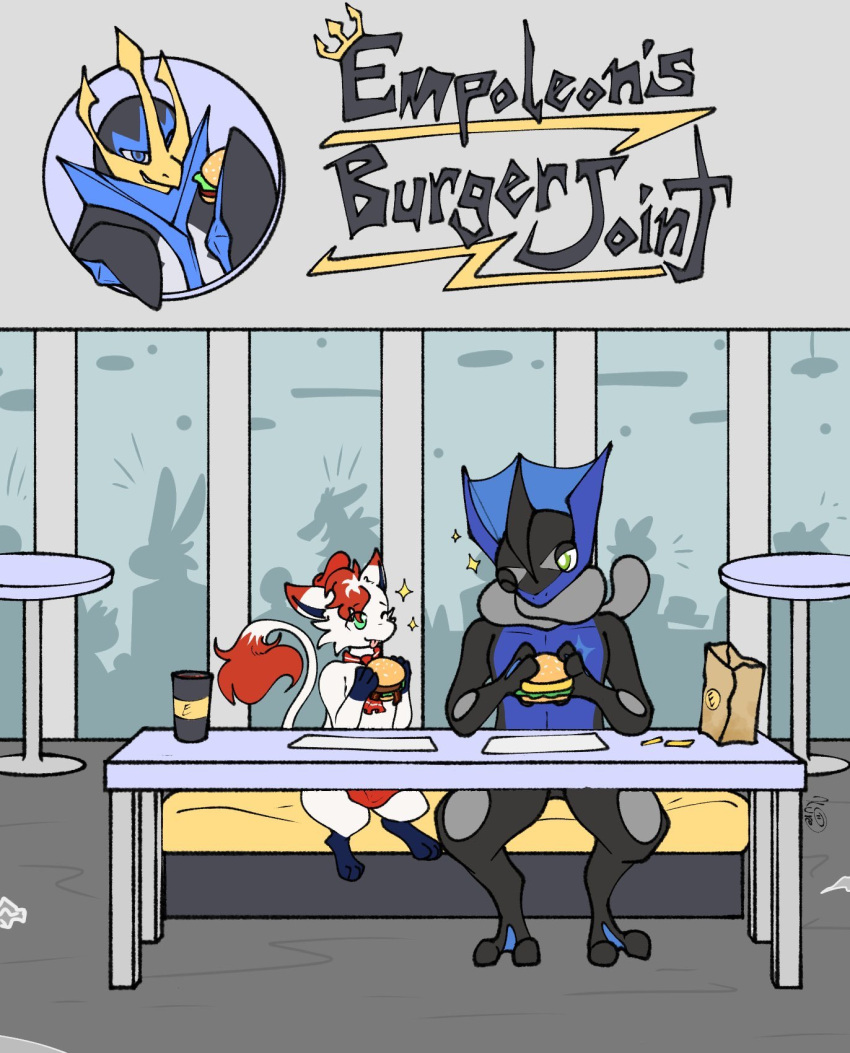 anthro beverage burger chicken_sandwich chico030 duo empoleon fast_food feral food fries generation_4_pokemon generation_6_pokemon greninja hi_res hisuian_form hisuian_zorua hybrid kai_mew-(character) kure_uwu_(artist) legendary_pokemon male male/male mew nintendo pokemon pokemon_(species) regional_form_(pokemon) video_games