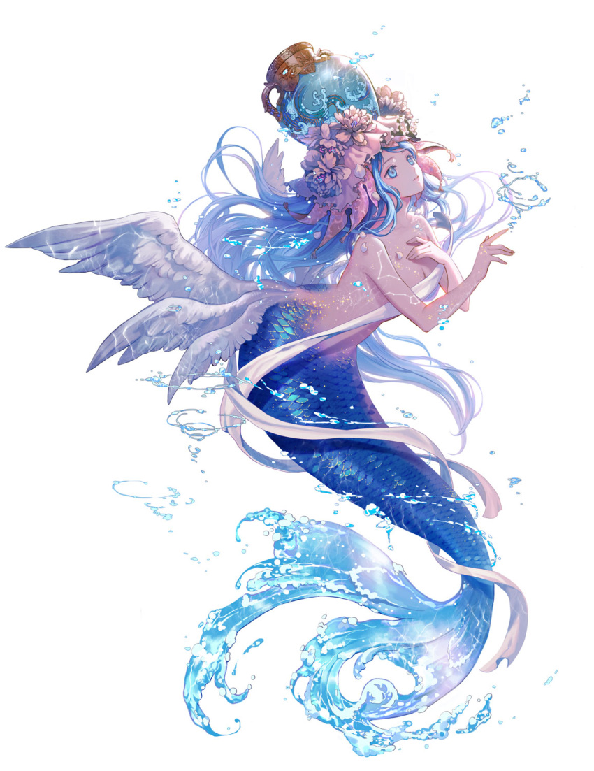 1girl aquarius blue_eyes fins flower hair_flower hair_ornament highres long_hair looking_up mermaid monster_girl original saeldam simple_background topless water white_background wings zodiac