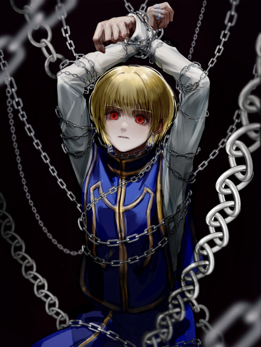 1boy androgynous arms_up bangs blonde_hair chain chained earrings expressionless feet_out_of_frame highres hunter_x_hunter jewelry kurapika long_sleeves looking_at_viewer male_focus red_eyes shirt short_hair simple_background solo suhoyongjungtea tabard white_shirt