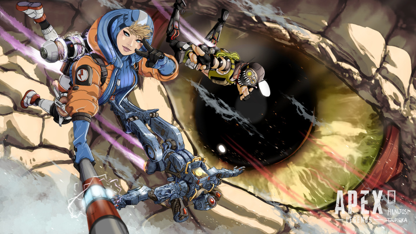 1girl 2boys apex_legends artist_name backpack bag bangs black_gloves black_headwear blonde_hair blue_eyes blue_gloves blue_headwear blush bodysuit breasts cable collaboration copyright_name creature electricity english_commentary eureka1812 fingerless_gloves floating_hair flying gloves glowing goggles hanjosi highres hood hooded_jacket humanoid_robot ifragmentix jacket lichtenberg_figure lightning_bolt_symbol looking_at_viewer mechanical_legs medium_breasts mole mole_under_eye multiple_boys one-eyed open_hands orange_jacket parted_lips red_eyes ribbed_sweater scar scar_on_cheek scar_on_face science_fiction smile sweater upper_body v wattson_(apex_legends) white_bodysuit