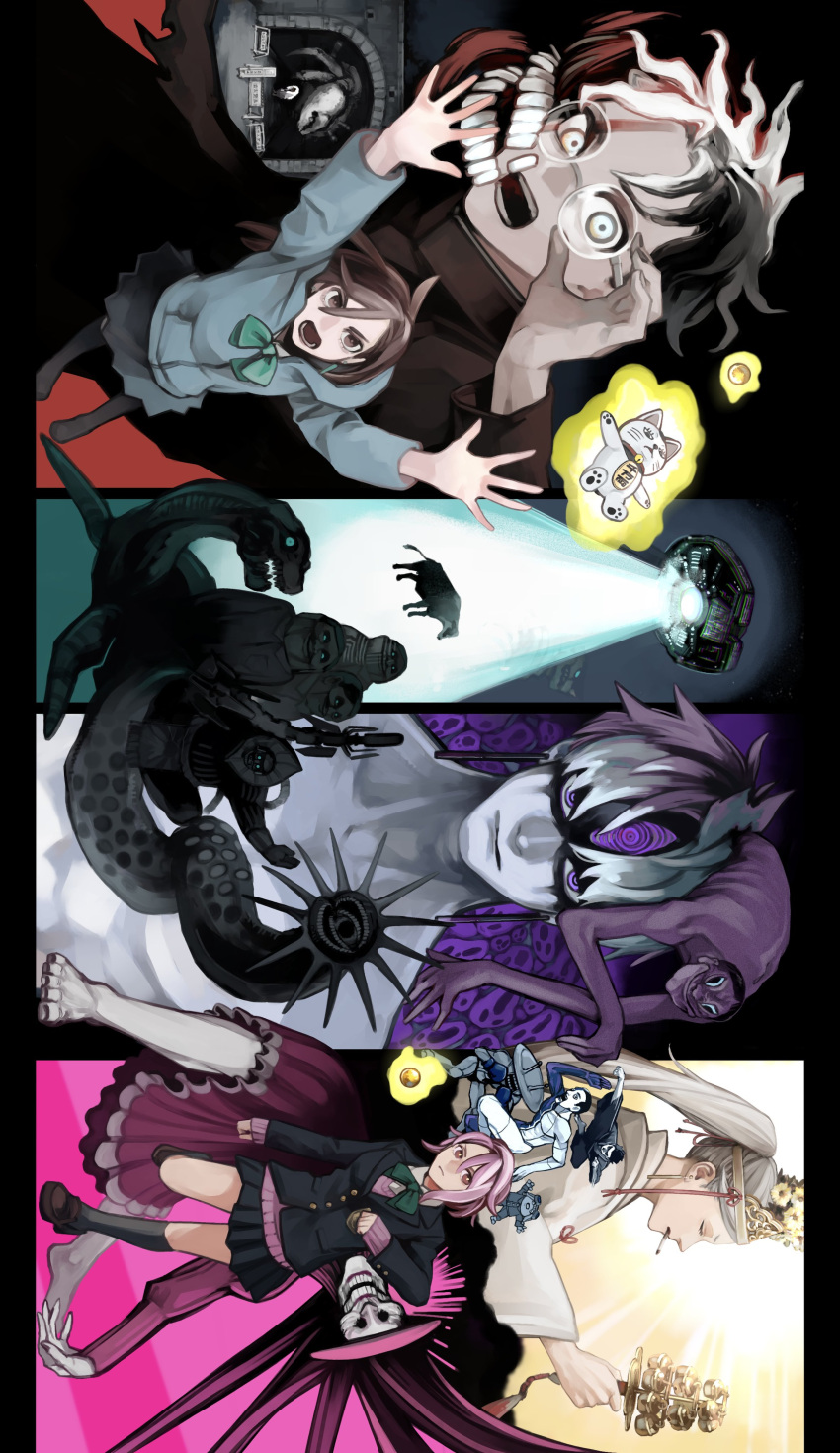 absurdres acrobatic_silky_(dandadan) aira_shiratori_(dandadan) alien all_fours arm_up arms_up ayase_momo bangs black_hair black_jacket black_socks blue_hoodie bow brown_hair chiquitita cigarette closed_eyes cow crawling dandadan earrings earthbound_spirit_crab_(dandadan) evil_eyes exposed_muscle extra_eyes facial_mark flatwoods_monster_(dandadan) floating flying_saucer forced_smile gakuran glasses gold green_bow hat highres holding holding_eyewear hood hoodie jacket jewelry jin_enjoji long_hair looking_at_viewer manjiro_(dandadan) medium_hair mr._mantis_shrimp multicolored_hair multiple_boys multiple_girls nakano_(2_mannaka) nessie_(dandadan) open_mouth pink_hair prehensile_hair purple_eyes ringed_eyes ritual robe running school_uniform seiko_ayase_(dandadan) serpo_(dandadan) short_hair sideways skirt smile socks spacecraft spiked_hair sun_hat sweater_vest takakura_ken_(dandadan) taro_(dandadan) topless_male transformation tsuchinoko_(dandadan) tunnel turbo_granny two-tone_hair white_hair white_robe worm